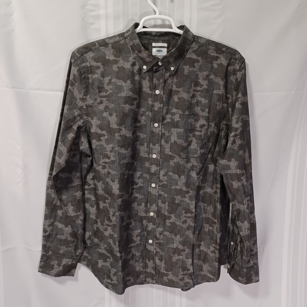 Old Navy Button Down Shirt Mens XL Grey Camo Slim Fit Linen Blend Long Sleeve